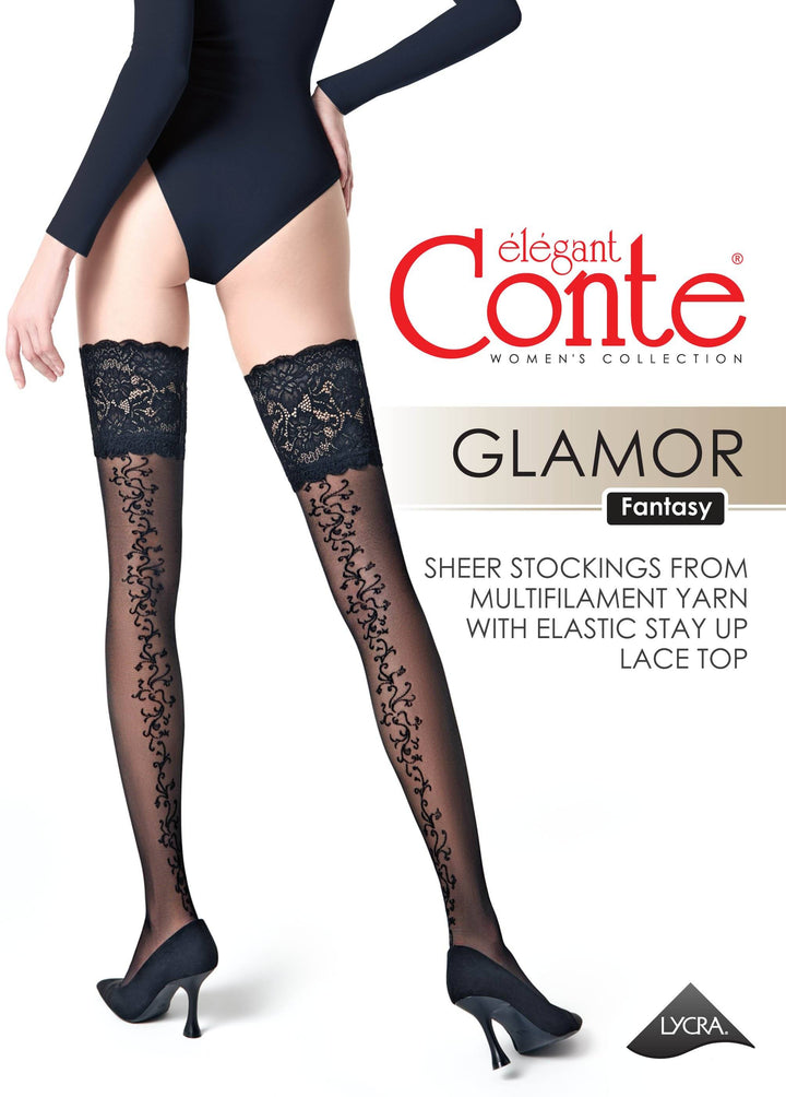 Fantasy Stockings Conte Glamor - Openwork Elastic Band and Floral Pattern